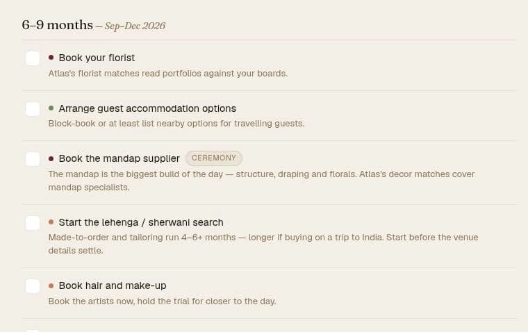 The demo wedding checklist, including booking a florist, a mandap supplier and starting the lehenga or sherwani search