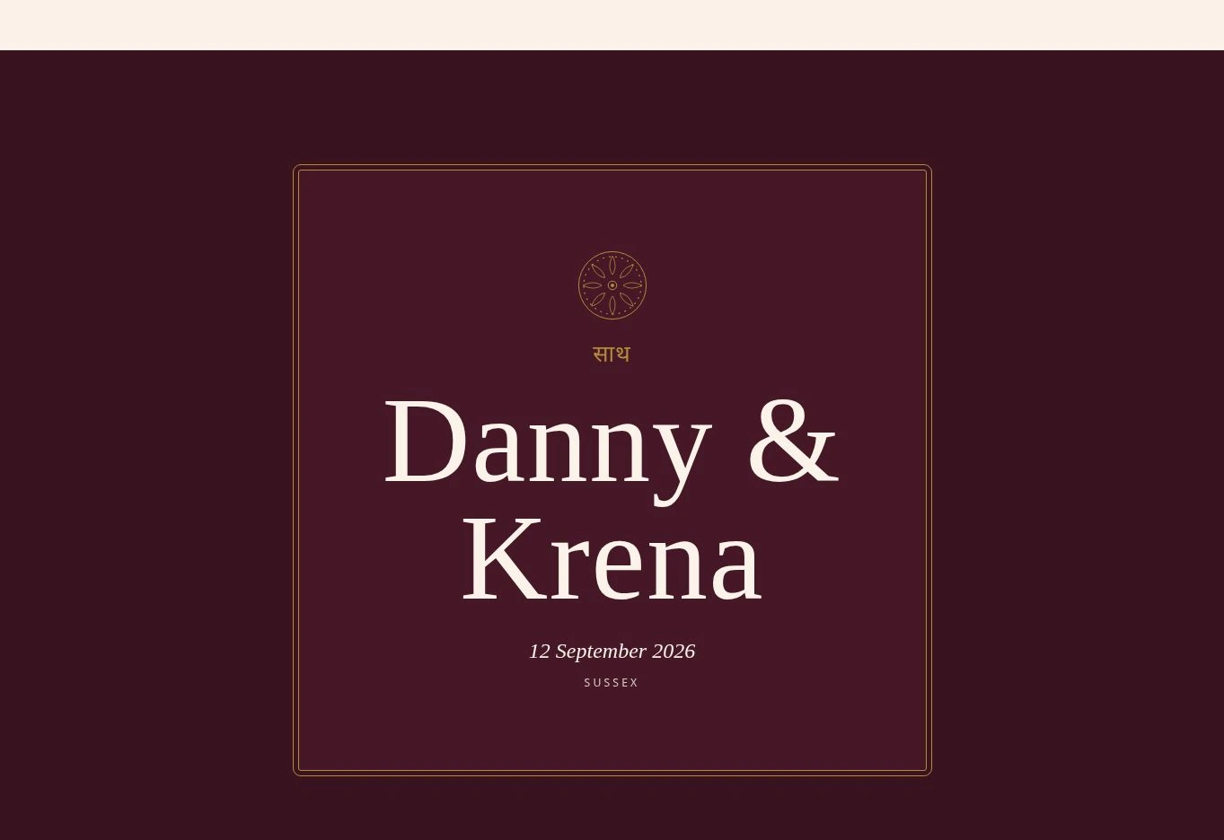 Saath wedding website theme preview, with a deep wine background, gold details and the sample couple's names