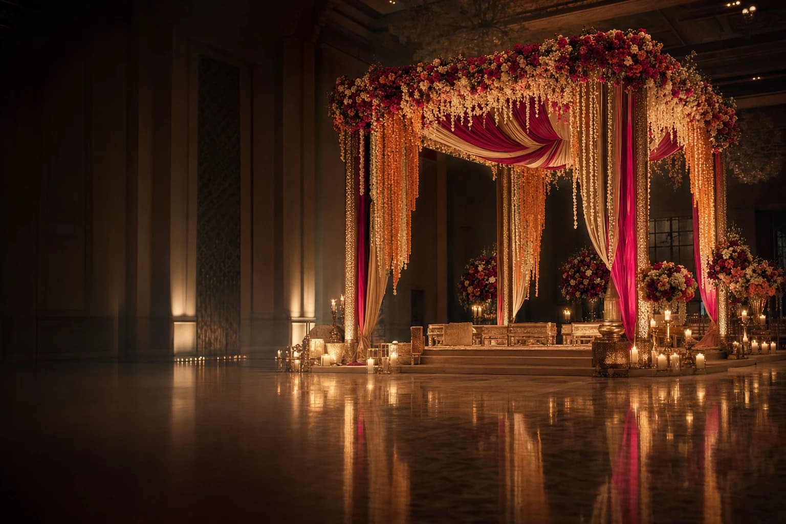 A wedding concept with a flower-filled mandap in a grand hall