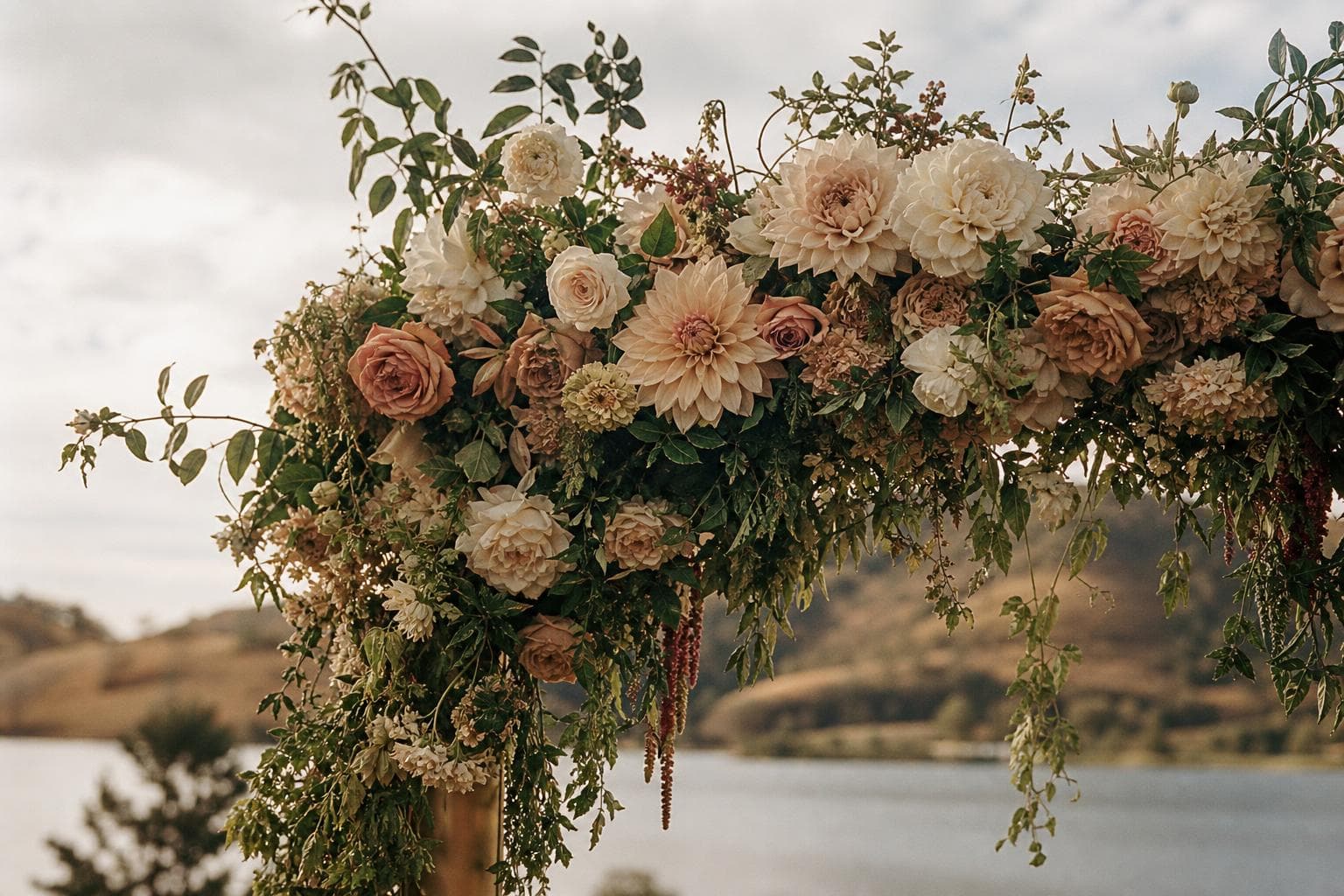 A composed floral design for a wedding