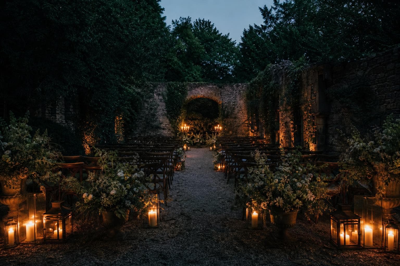 An outdoor wedding ceremony concept beneath a floral canopy