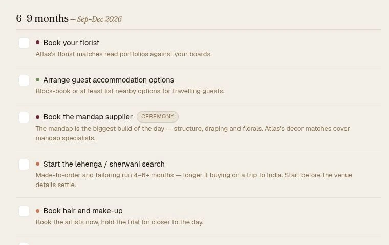 The demo wedding checklist with tasks for flowers, a mandap supplier and wedding attire