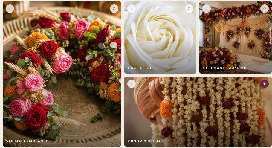 The demo florals board in makemywedding.ai, with four composed images and controls to change or pin them