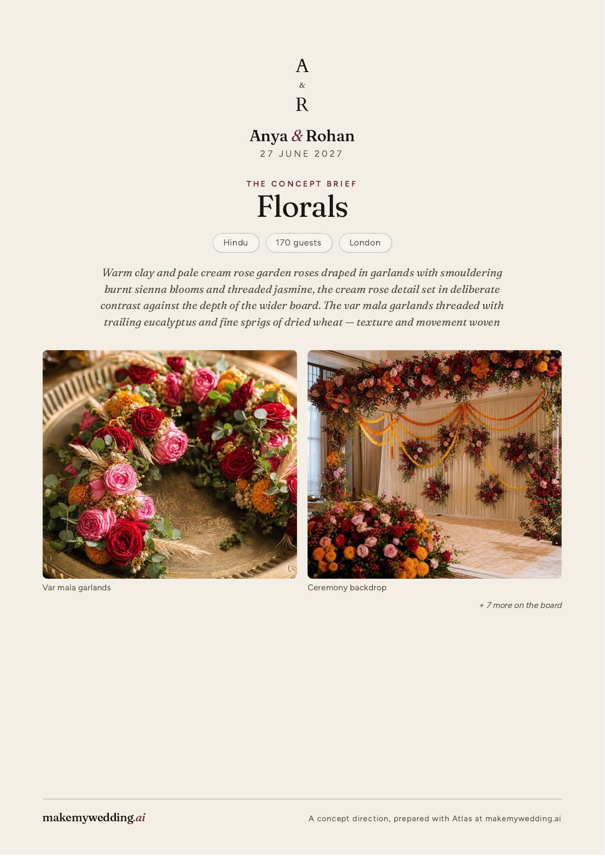 Anya and Rohan's demo florals PDF brief, showing their wedding details and pinned concept images